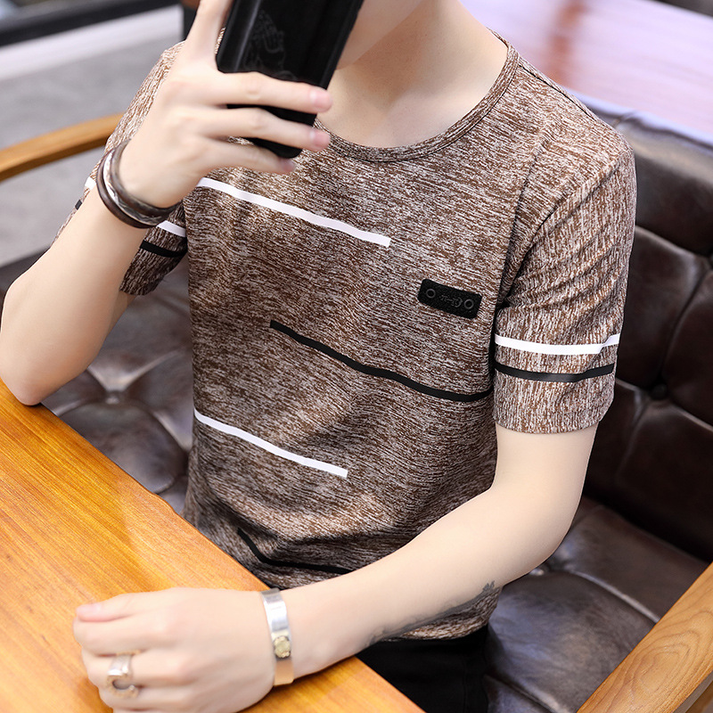 2023 nueva camiseta de manga corta de seda de hielo para hombre cuello redondo delgado más tamaño verano estilo coreano media manga transfronteriza