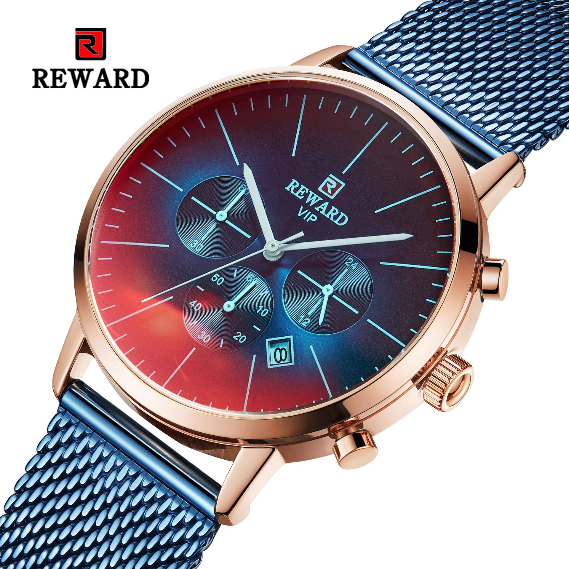 Reward Cross-Border Men's Watch Multi-Functional Sports Quartz Watch Stainless Steel Mesh Strap Men's Watch Color-Changing Glass