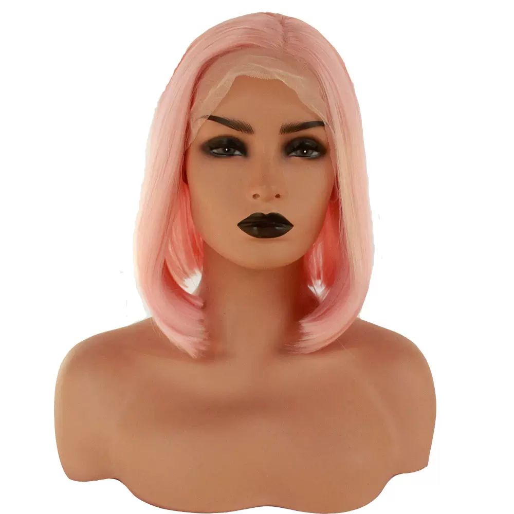 新款假发粉色短直发bob头13*4前蕾丝化纤假发 高温丝头套一件代发