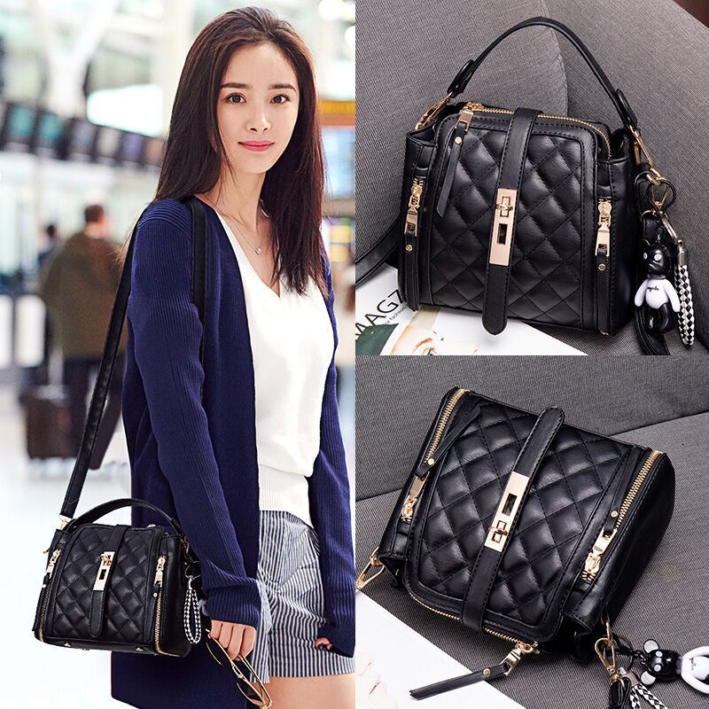 Quilted Leather Women's Bag, 2025 New Trendy Korean Style Versatile Crossbody and Handbag, Genuine Leather Internet-Famous Small Black Bag