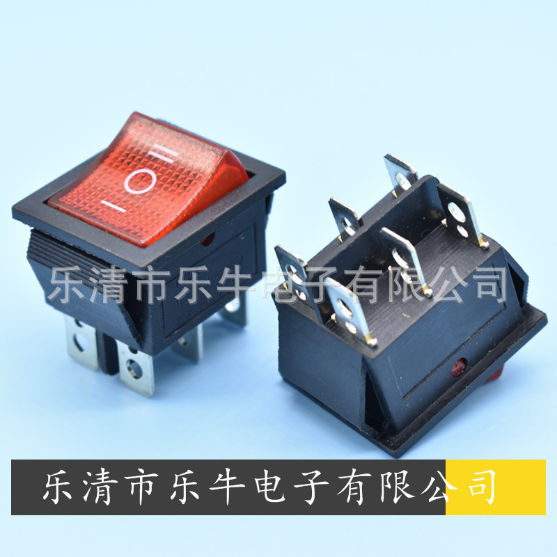 3档带灯船型开关 KCD4 6脚3档翘板开关 16A 六脚三档红色电源开关