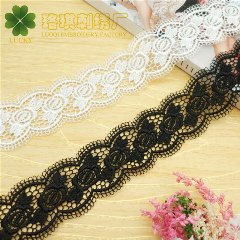 宽4cm涤纶丝水溶刺绣花边 玫瑰花黑白双边蕾丝 DIY童装配饰辅料