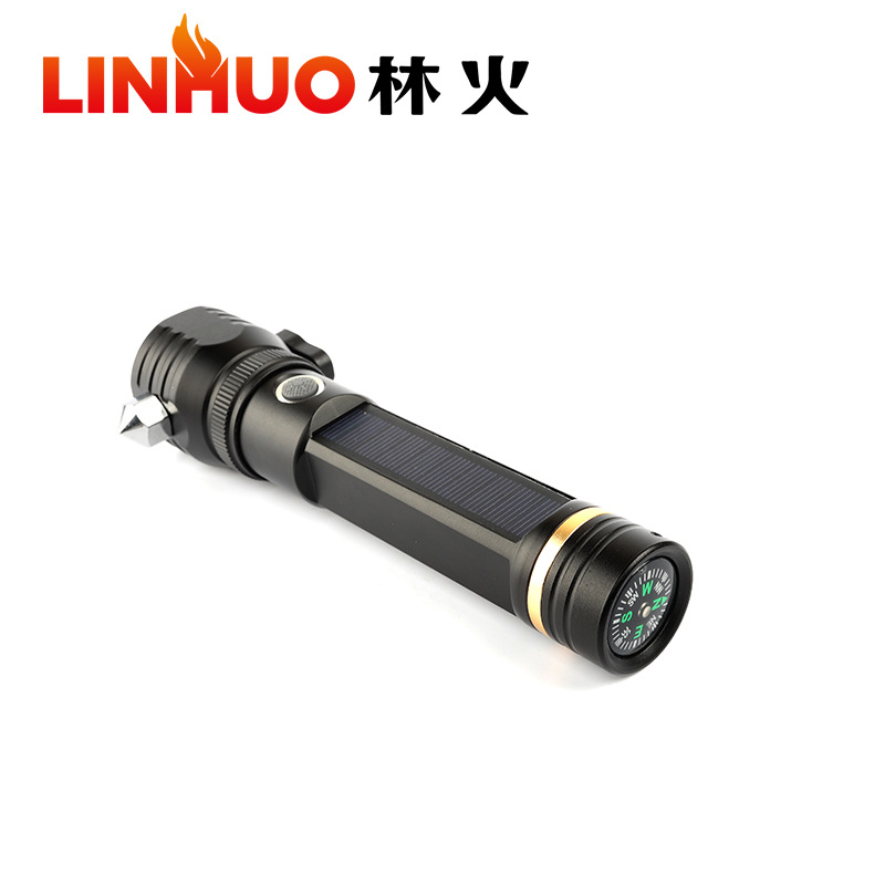 Transfronterizo nuevo solar multifunción fuerte luz de carga de emergencia martillo de seguridad cola brújula linterna