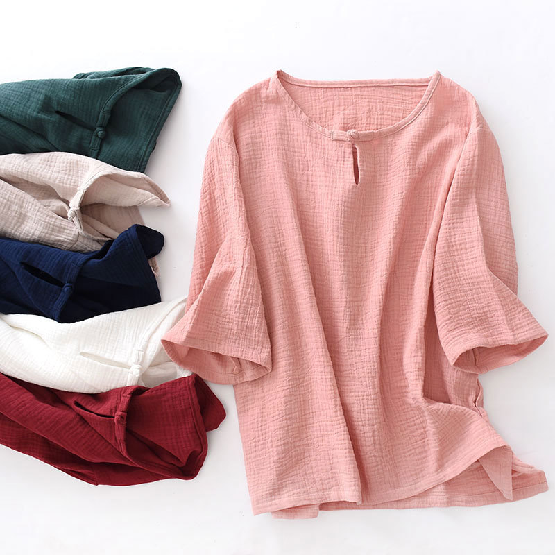 Summer New Cotton Crepe Pullover Casual Home Wear Thin Cropped Sleeve Cropped Wide Leg Pants Set for Outer Wear