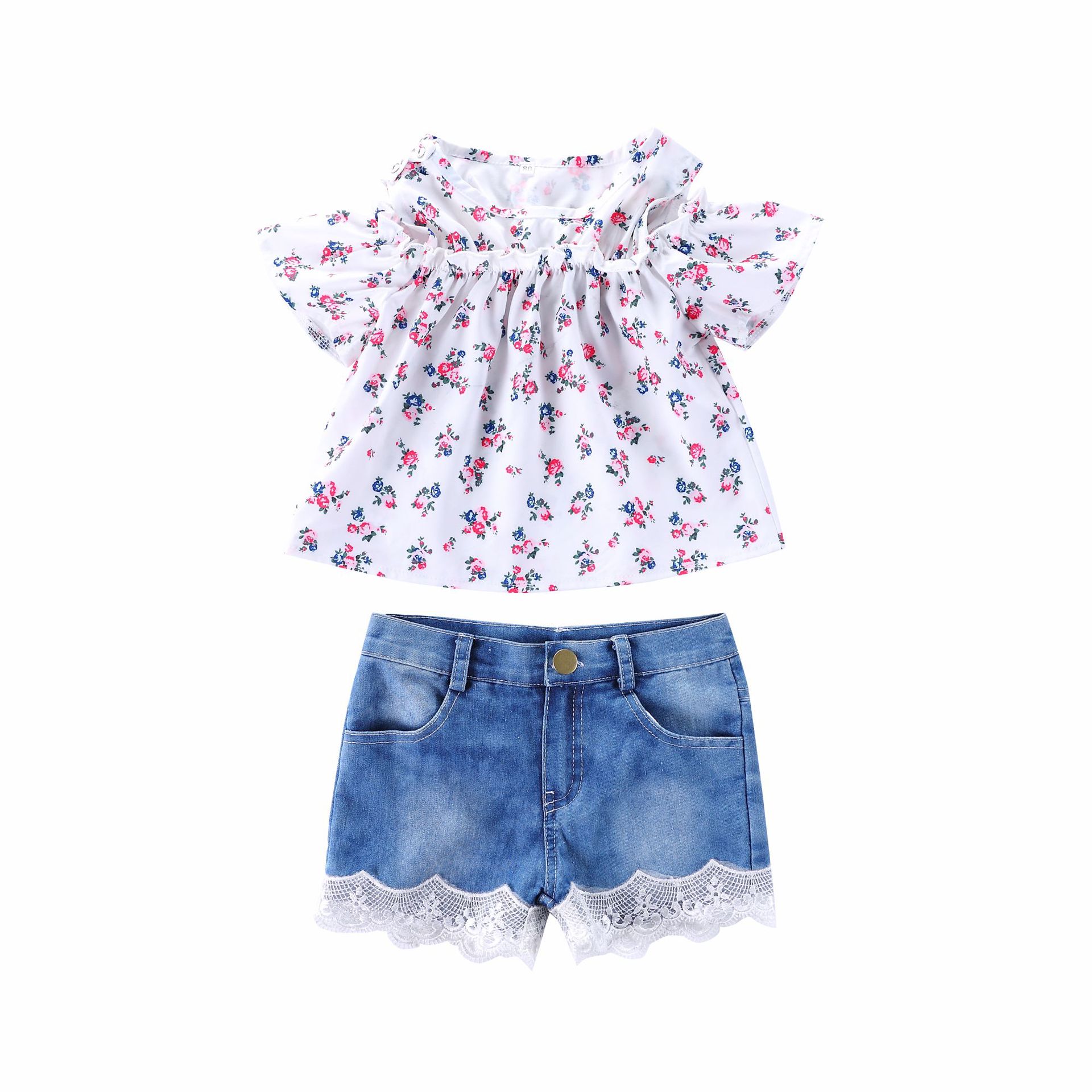 2019 Summer European and American Products Girl's Floral Printed Top + Stretch Denim Lace Two-Piece Cross-Border Special