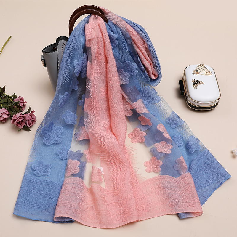 Spring and summer new cut flower hollow scarf women's beach sunscreen shawl large gradient embroidered scarf wholesale