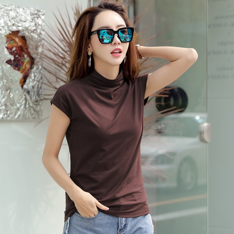 229 반팔 하프 하이 칼라 티셔츠 새로운 슬림핏 한국 스타일 여성용 심플 타이트 이너베이스 셔츠