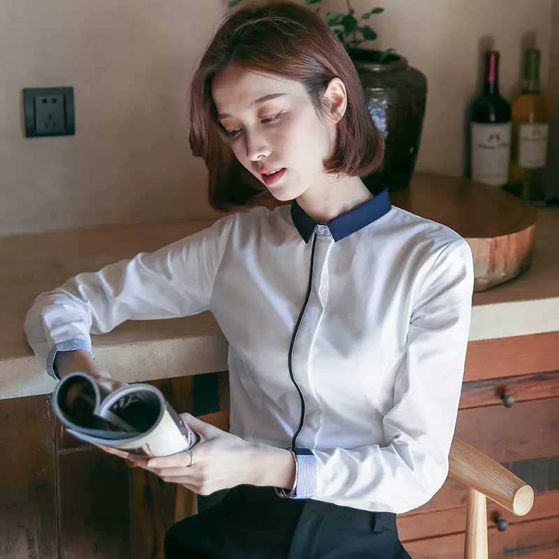 韩范女装白衬衫长袖修身职业装秋季立领工装正装衬衣女OL工作服