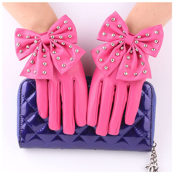Fashionable polyurethane cute multicoloured gloves with bow