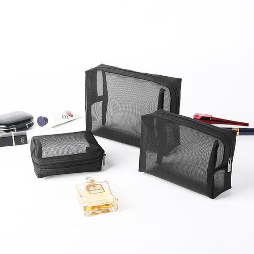 New three-piece mesh storage bag with grid ventilation makeup bag and pen holder, portable daily necessities storage bag