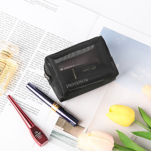 New three-piece mesh storage bag with grid ventilation makeup bag and pen holder, portable daily necessities storage bag