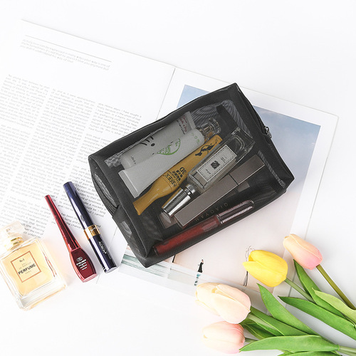 New three-piece mesh storage bag with grid ventilation makeup bag and pen holder, portable daily necessities storage bag