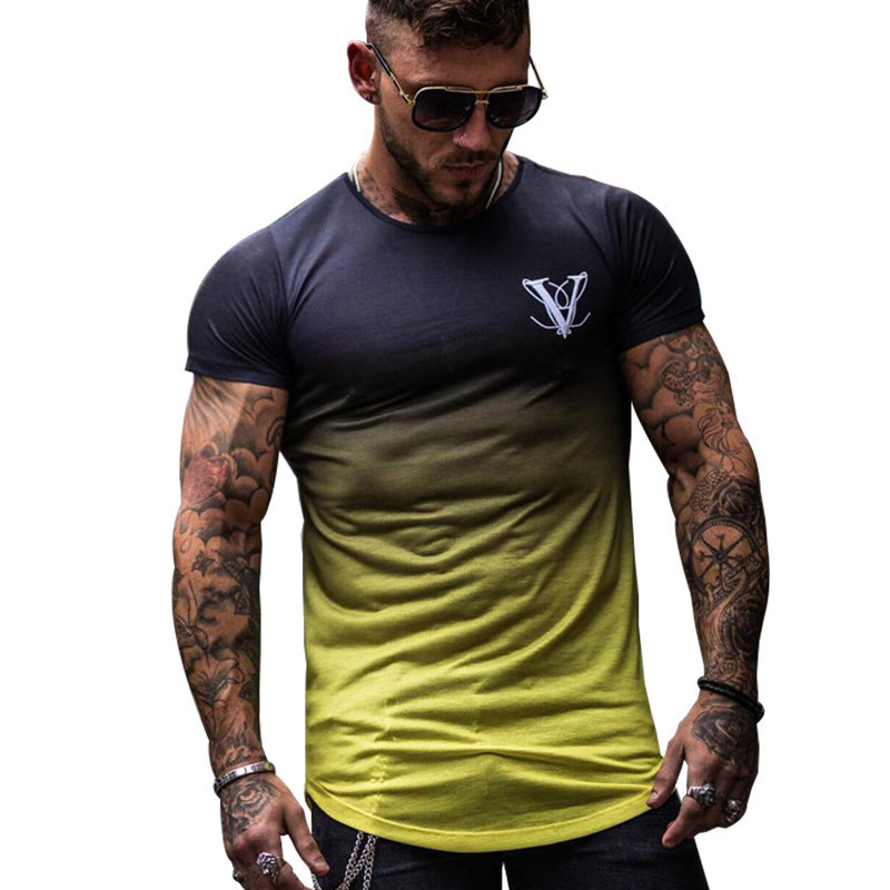 FUENTE de productos de fábrica verano nueva ropa de fitness muscular camiseta de los hombres gradiente de impresión 3D ropa de secado rápido correr deportes manga corta hombres