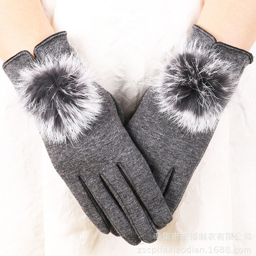 Warm gloves autumn and winter women's rabbit fur ball non-falling velvet gloves for playing with mobile phone winter plus velvet cold-proof touch screen gloves