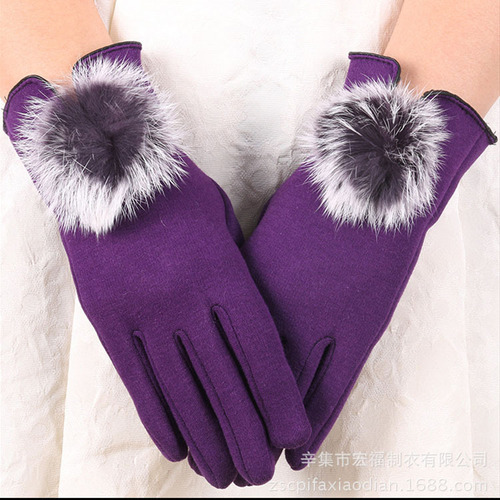 Warm gloves autumn and winter women's rabbit fur ball non-falling velvet gloves for playing with mobile phone winter plus velvet cold-proof touch screen gloves
