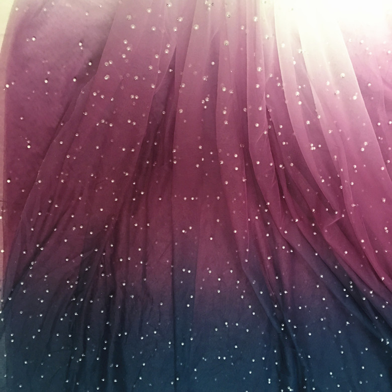 深蓝黑浅深紫色钉珠珍珠网纱多色渐变布料面料网纱渐变色布料面料