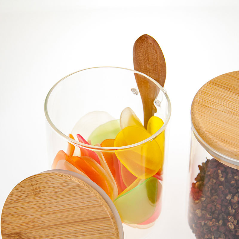 Tarro para condimentos con cuchara, botella para almacenar granos de café y leche en polvo, botella para especias, contenedor de clasificación para cocina, tarro de vidrio de borosilicato alto