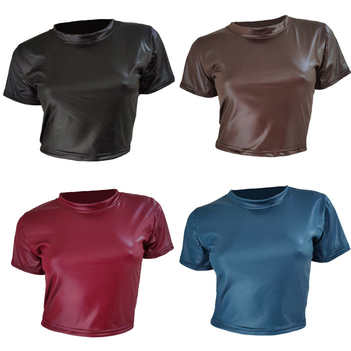 Kikuu Cross-Border Russia Aliexpress 2026 Amazon Sexy Crop Top Faux Leather T-Shirt 4 Colors Ebay