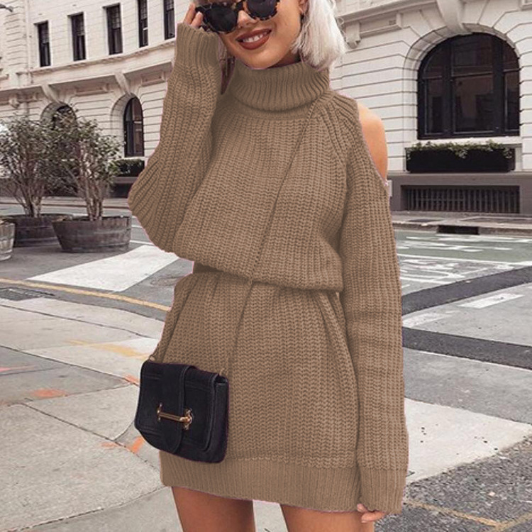 Vestido suéter de cuello alto y hombros descubiertos de longitud media para mujer, estilo europeo y americano, éxito de ventas transfronterizo en Amazon para otoño e invierno 2026