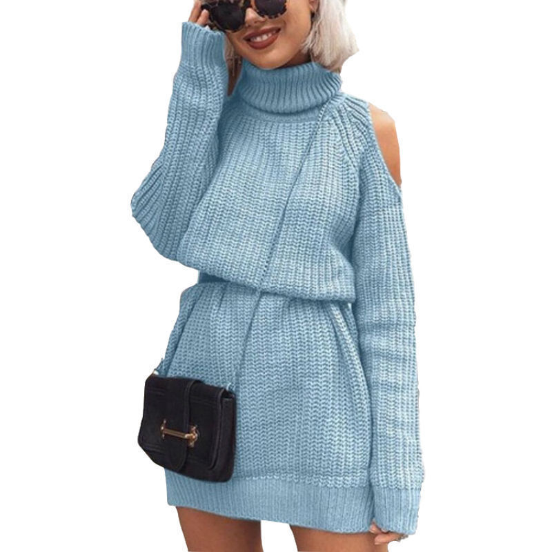 Vestido suéter de cuello alto y hombros descubiertos de longitud media para mujer, estilo europeo y americano, éxito de ventas transfronterizo en Amazon para otoño e invierno 2026