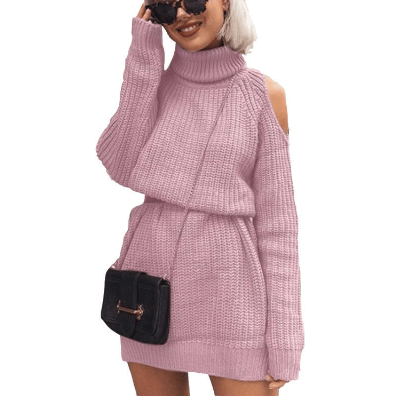 Vestido suéter de cuello alto y hombros descubiertos de longitud media para mujer, estilo europeo y americano, éxito de ventas transfronterizo en Amazon para otoño e invierno 2026