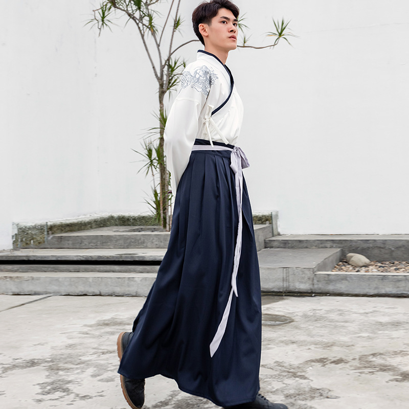 Traditional Chinese Style Hanfu Men's Summer Wear Long-Sleeved Long-Sleeved Collar Waist-Length Skirt Embroidered Hanfu Martial Arts Class Wear for Men