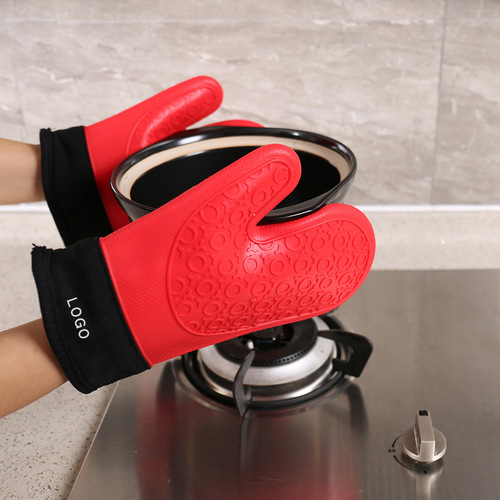 Insulation gloves short cotton thickened double-layer silicone gloves microwave oven kitchen baking two-finger gloves