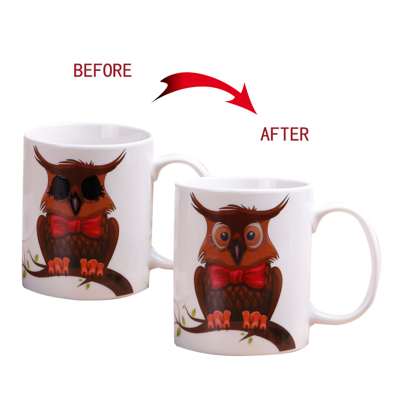 Taza de porcelana creativa taza de la novedad sensible a la temperatura búho que cambia de color taza de regalo prueba de logotipo taza mágica fábrica al por mayor