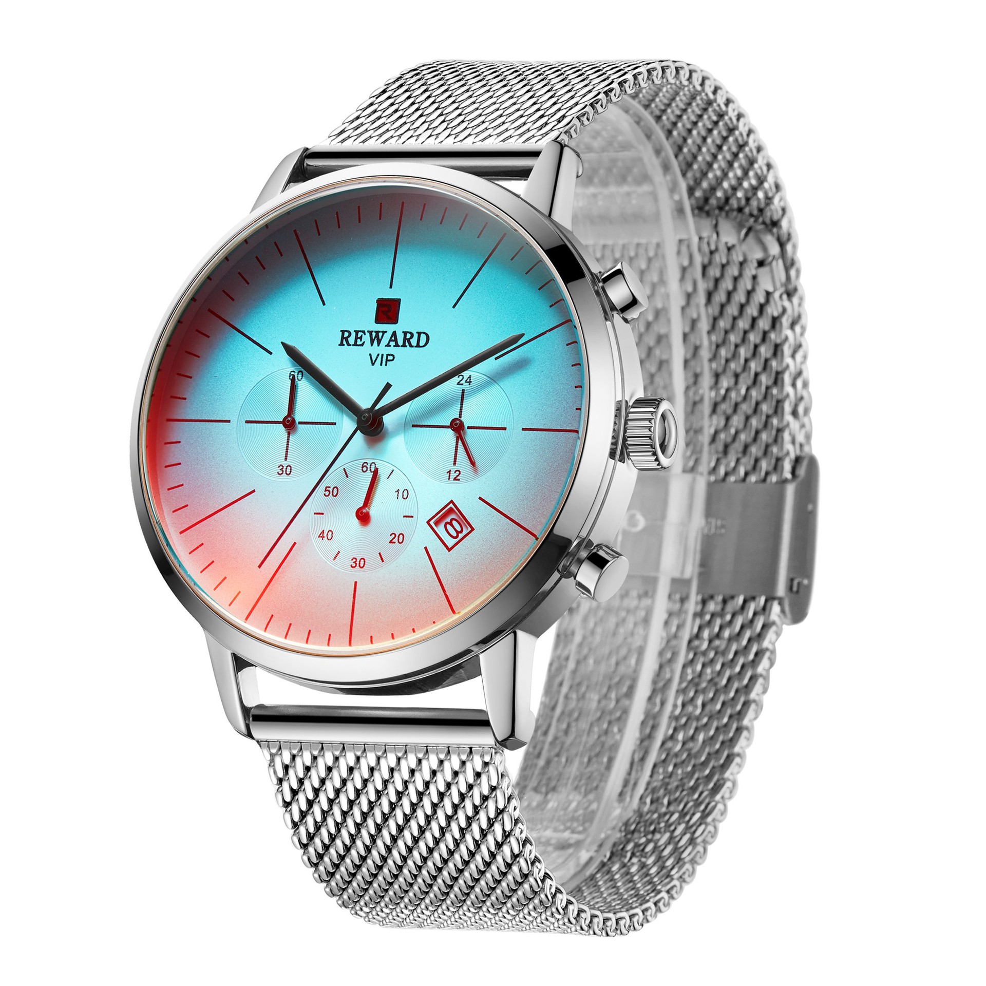Reward Cross-Border Men's Watch Multi-Functional Sports Quartz Watch Stainless Steel Mesh Strap Men's Watch Color-Changing Glass