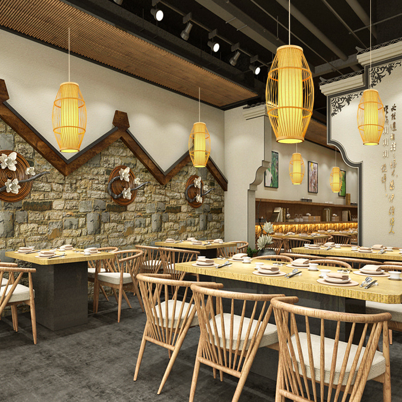 Lámpara de linterna de bambú para el hogar de estilo chino Zen lámpara de sala de té antigua casa de té pasillo japonés jaula de pájaros lámpara de Bambú