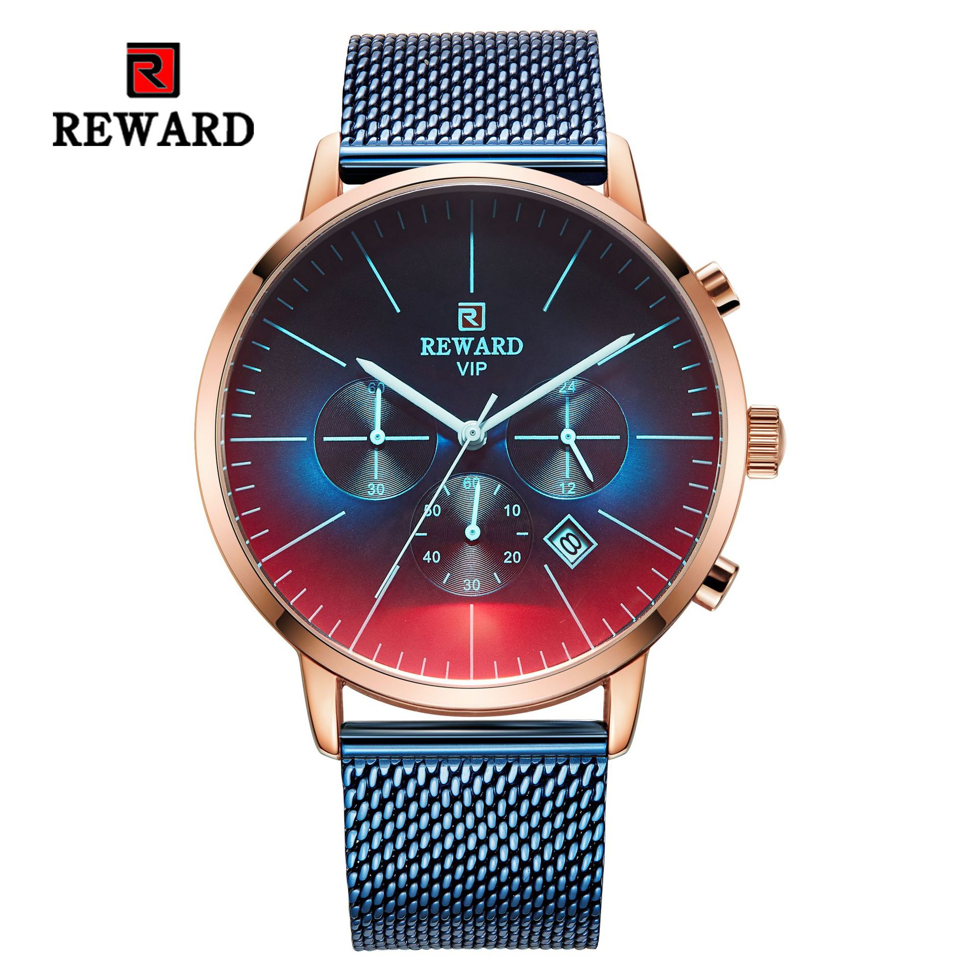 Reward Cross-Border Men's Watch Multi-Functional Sports Quartz Watch Stainless Steel Mesh Strap Men's Watch Color-Changing Glass