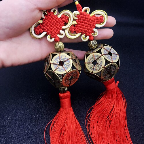 Wholesale hand-woven pure copper Ten Emperors money Lutong copper coin ball knot car pendant gift Feng Shui ornaments