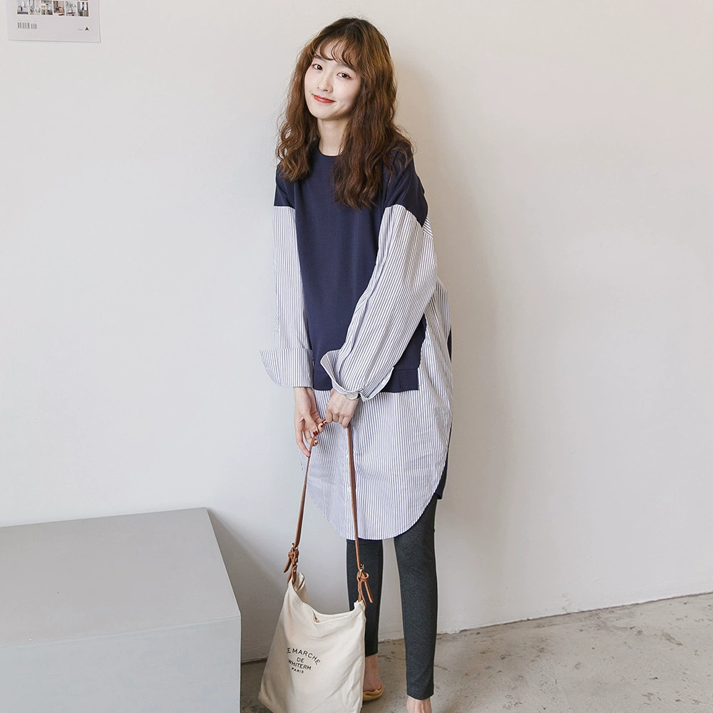 Весна и осень Мода для беременных женщин корейский стиль юбка для беременных с круглым вырезом полосатая рубашка свободное платье больших размеров модное