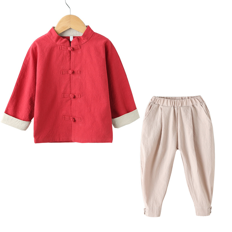 Chinese Ethnic Style Children's Spring Wear Hemp Cotton Set for Boys and Girls Kindergarten Republic of China Style School Uniform with LOGO