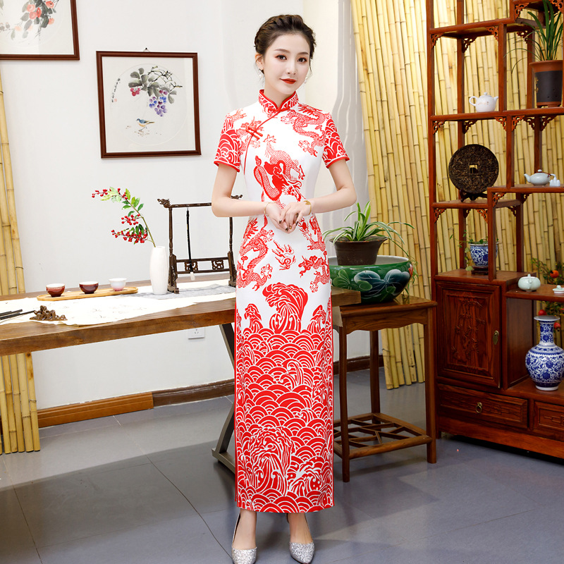 Summer blue and white long retro elegant cheongsam