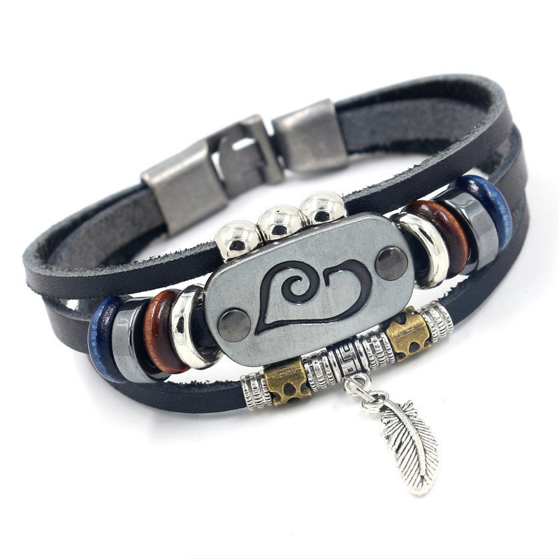 European and American fashion heart-shaped beaded buckle bracelet simple multi-layer feather pendant leather bracelet men's and women's personalized accessories