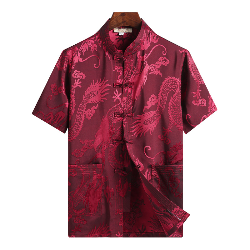 Summer Chinese Style Tang Suit Men's Jacquard Short-Sleeved Shirt for Middle-Aged and Elderly Men, Silk Ethnic Clothing with Chinese-Style Button Fastening Summer Chinese Style Tang Suit Men's Jacquard Short-Sleeved Shirt for Middle-Aged and Elderly Men, Silk Ethnic Clothing with Chinese-Style Button Fastening