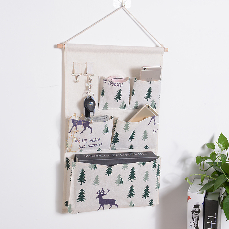Factory fabric five-pocket double hook hanging bag cotton and linen bathroom storage hanging bag creative home three-dimensional storage hanging bag wholesale