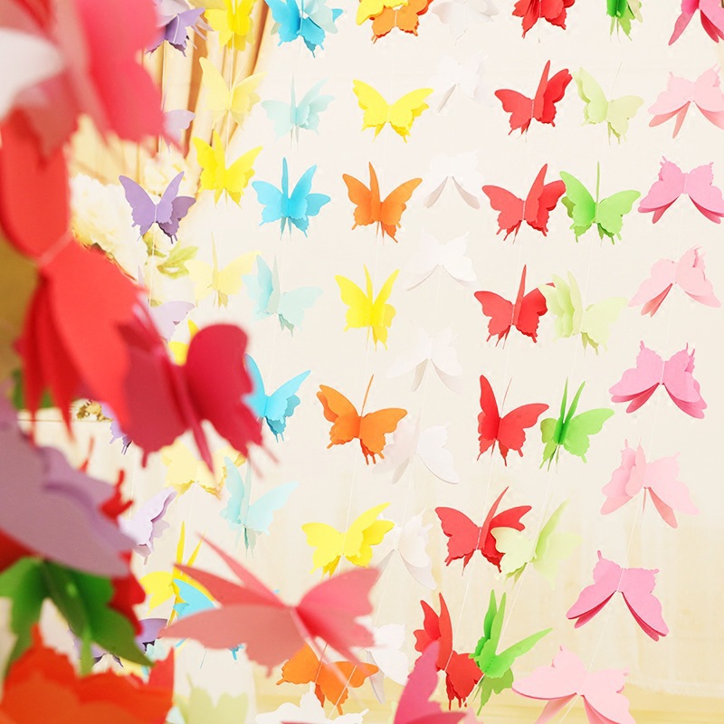 Tres capas de flores de papel de mariposa de colores grandes, brochetas de papel, sala de niños, centro comercial, adornos de ventana, suministros de fiesta de cumpleaños de boda
