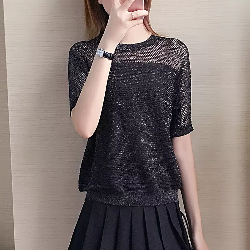 短袖t恤女2024新款春夏ins心机中袖上衣百搭韩版宽松镂空针织衫潮