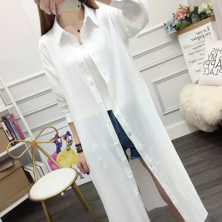 South Korea Original Spring and Summer Loose plus size Long Over-the-knee Cotton and Linen Split Shirt Lapel Cardigan Shirt Dress Women's Trendy