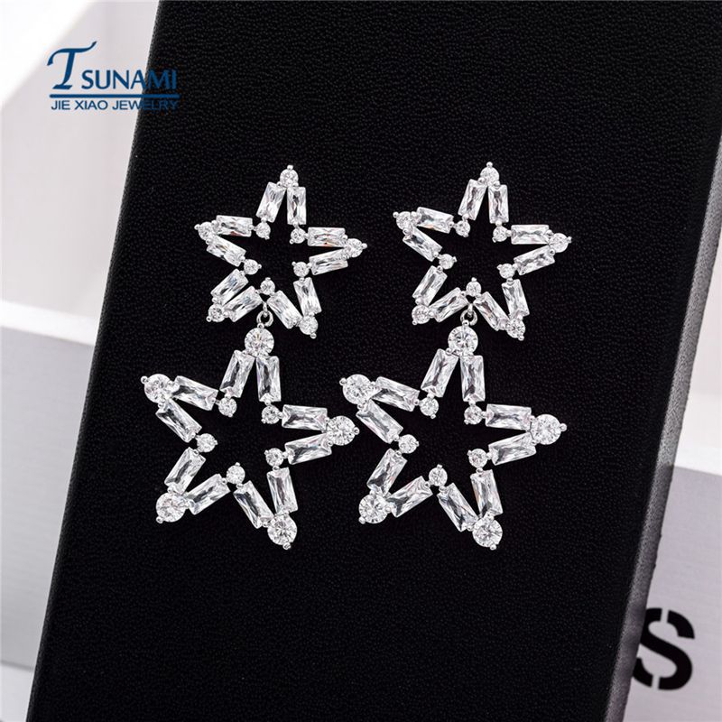 European and American Fashion Elegant Five-Pointed Star Long Tassel Aaa Zircon Creative Earrings Women's Cross-Border Jewelry Earrings