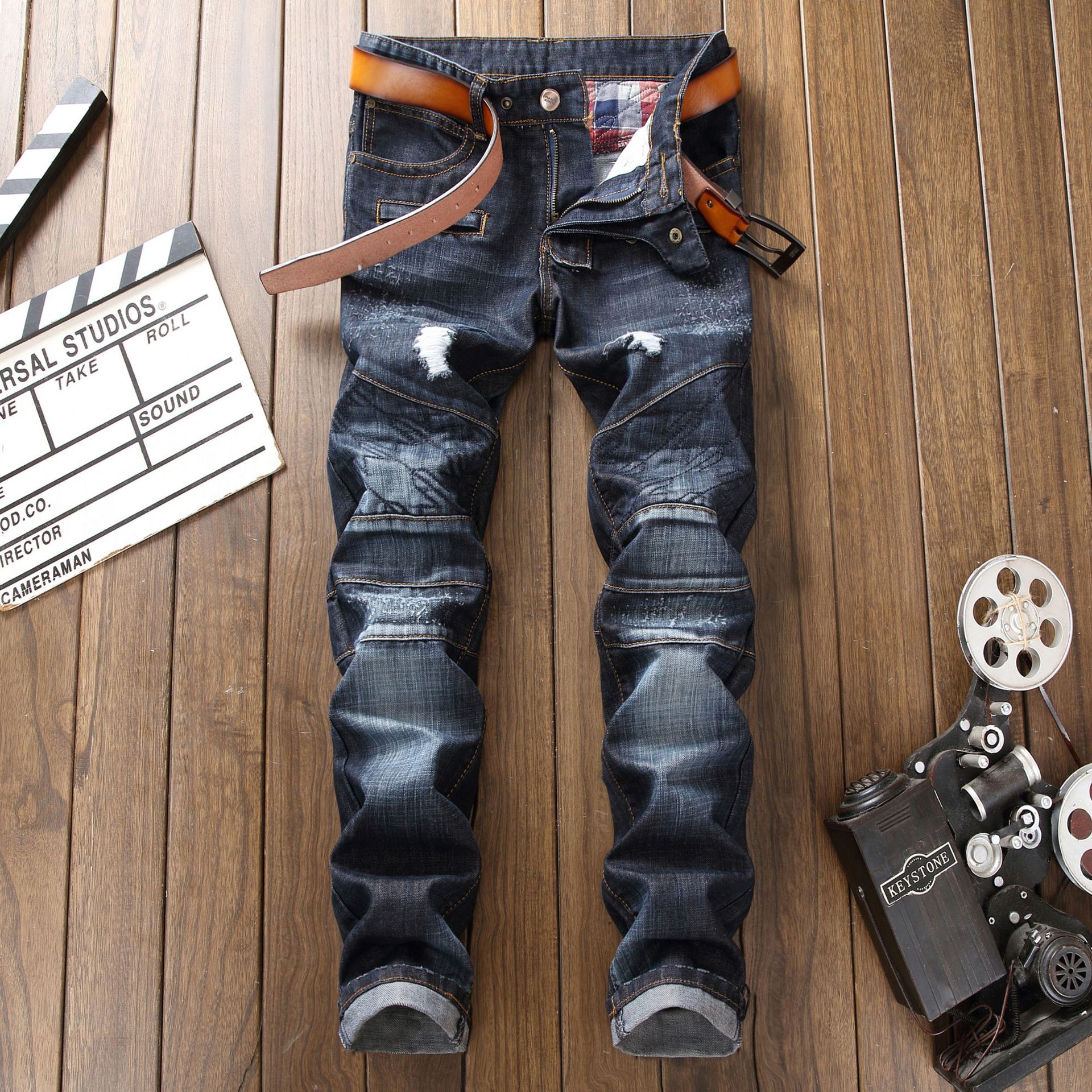 Jeans da uomo stile elastico con cuciture a compressione Zou piccoli jeans a gamba dritta_voghion.com