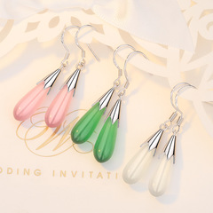 Qiaolanxuan Imitation Sterling Silver Cat's Eye Teardrop Earrings, Korean-style Accessories Wholesale Jewelry, Silver-Plated Pieces with Natural Crystal Gems