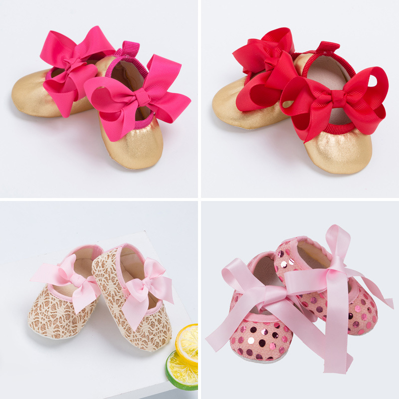Cross-border trade baby fashion gold baby walking shoes, cute bow sequin soft sole non-slip baby shoes