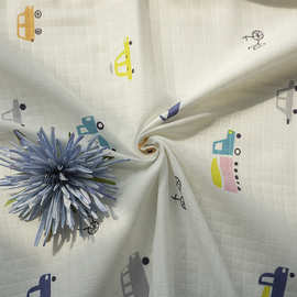 婴儿纱布面料批发 40支双层muslin纯棉印花卡通小车睡袋包巾布料