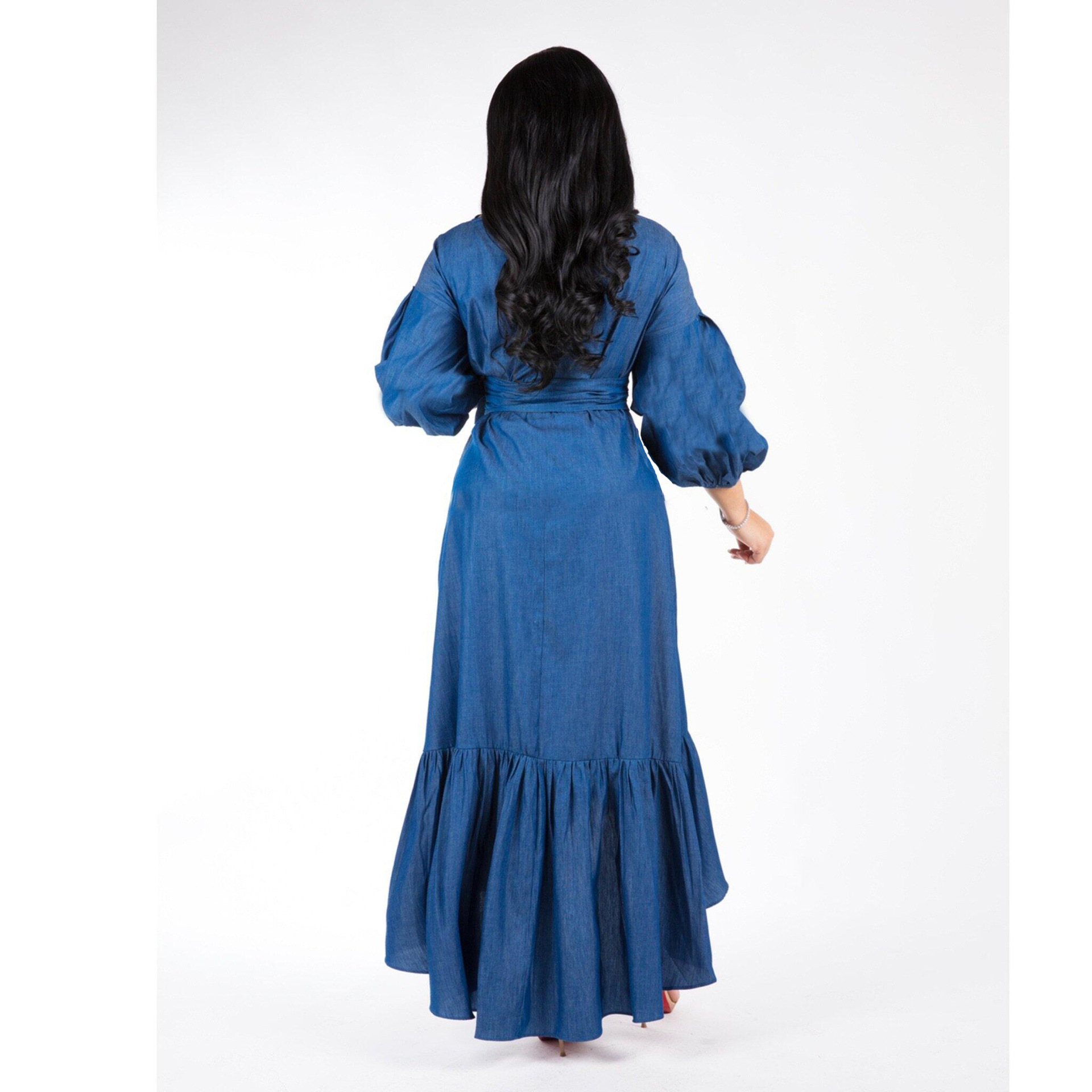Amazon's Autumn and Winter Popular European and American Clothing Wish Ruffled Lantern Sleeve V Neck Sexy Dress