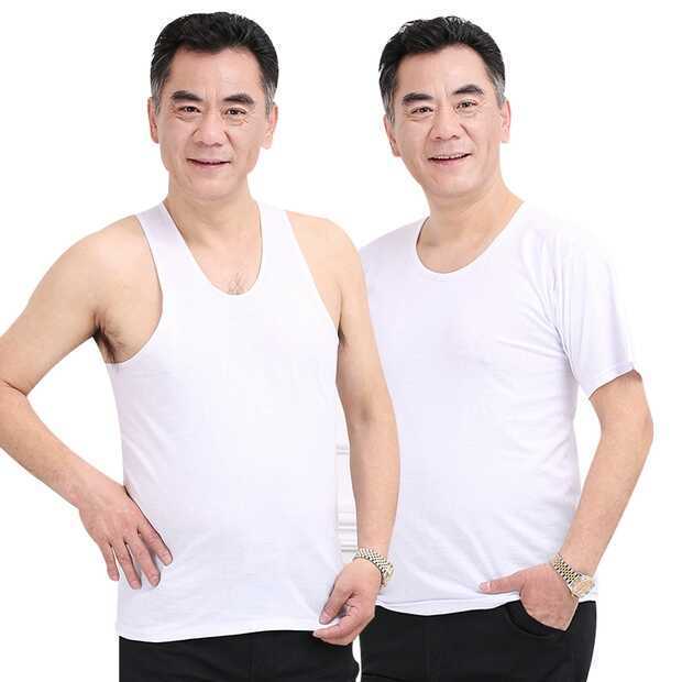 Middle-aged and old men's old man pure cotton vest T-shirt round neck summer old-fashioned breathable sweat-absorbent pure white combed T-shirt