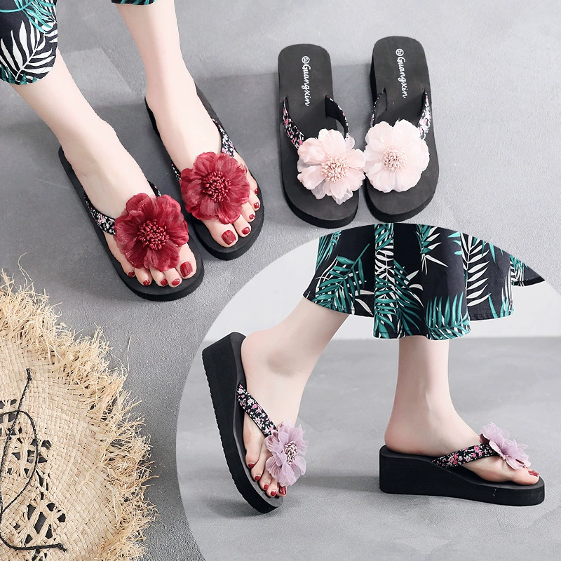 Летние женские сандалии 2024 года, шлепанцы ручной работы с цветами, женские сандалии на танкетке для улицы, пляжные сандалии на толстой подошве