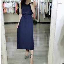 欧美女装夏季新款重磅桑蚕丝无袖背心系腰带真丝连衣裙